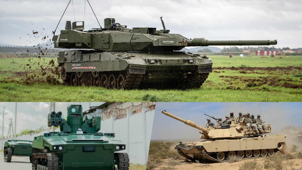德國「豹2」坦克（上）、美國M1主戰坦克（右下）、俄羅斯「馬克」機械人。　網上圖片