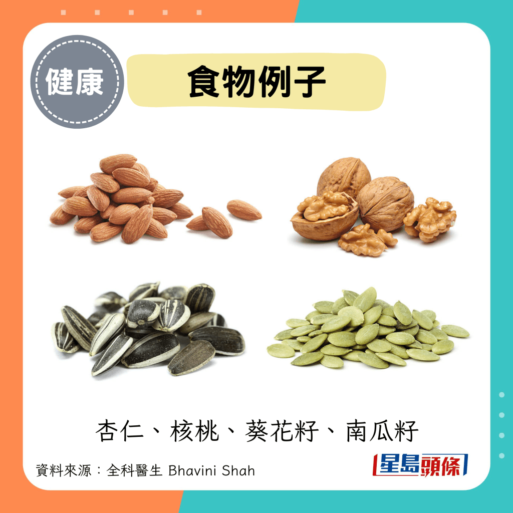 食物例子：杏仁、核桃、葵花籽、南瓜籽