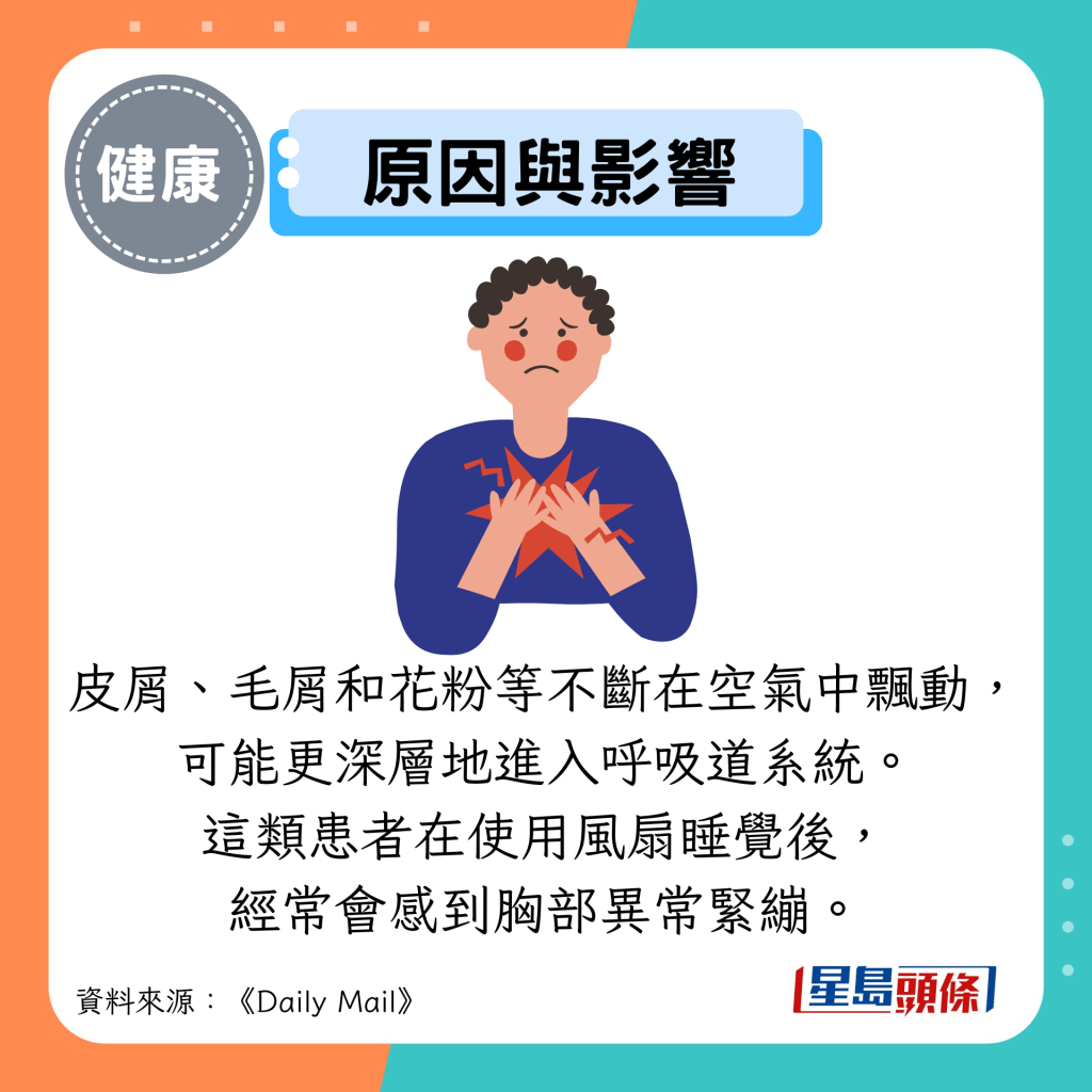 原因與影響：皮屑、毛屑和花粉等不斷在空氣中飄動， 可能更深層地進入呼吸道系統。 這類患者在使用風扇睡覺後， 經常會感到胸部異常緊繃。