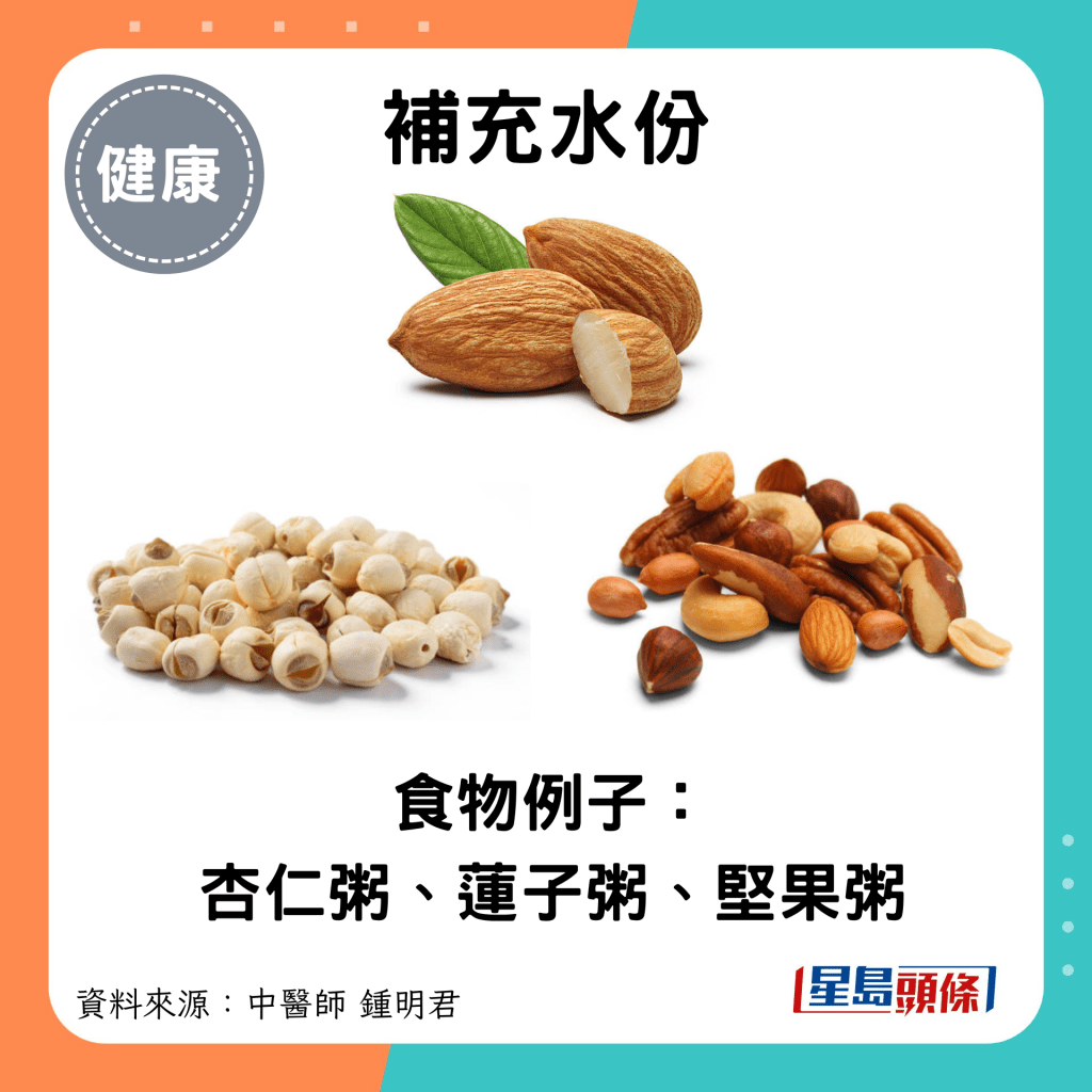 補充水份：食物例子： 杏仁粥、蓮子粥、堅果粥