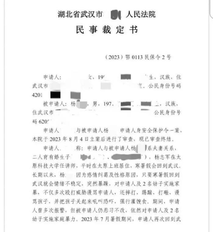 指杨志军涉家暴的法院文件。