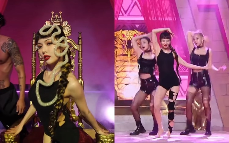 泫雅昨日在《M COUNTDOWN》的舞台化身埃及妖后，又赤脚跳舞，超有型。