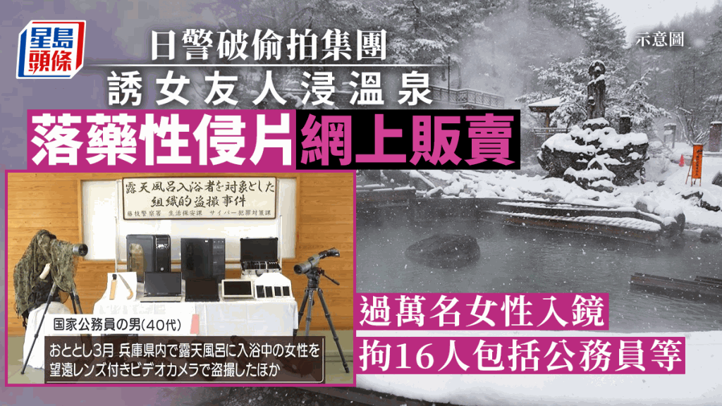 日本搗破露天溫泉偷拍集團，累計逾萬名女性受害。（星島製圖）