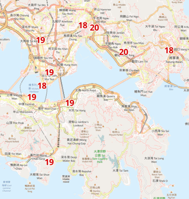 明早市區如尖沙咀、黃竹坑等亦會跌至19度。天文台網頁擷圖