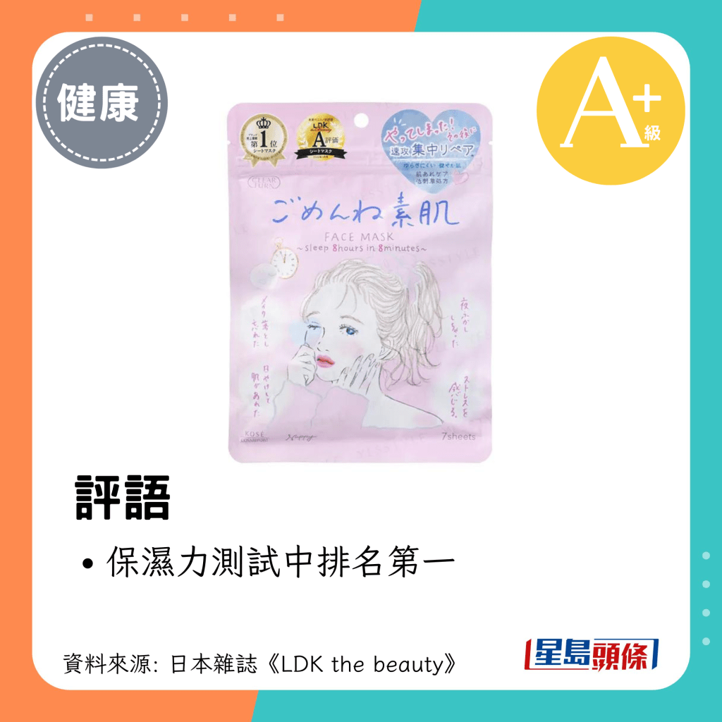 保湿力测试中排名第一（KOSE Clear Turn I'm Sorry Hydrating Clear Face Mask）