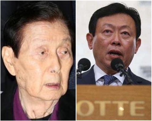 南韩乐天集团创始人辛格浩（左）及其子辛东彬（右）涉嫌贪污等被判刑。网图