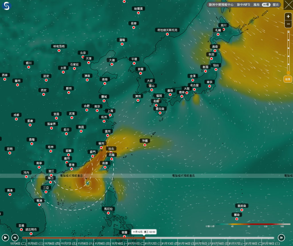 根據AI電腦模型伏羲，鳳凰會在11月12日闖港400公里範圍。天文台網頁截圖