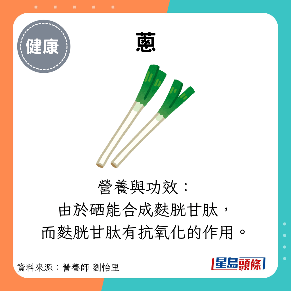 蔥：營養與功效： 由於硒能合成麩胱甘肽， 而麩胱甘肽有抗氧化的作用。