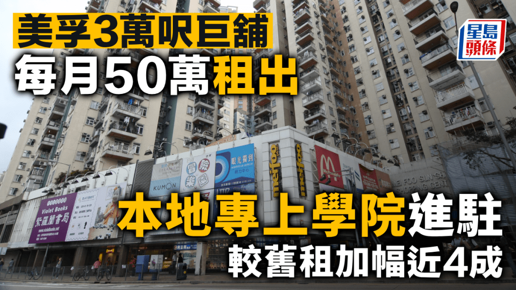 美孚3萬呎巨舖 每月50萬租出 本地專上學院進駐 較舊租加幅近4成