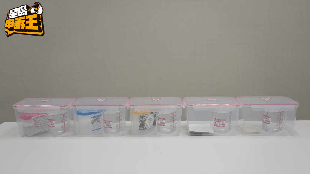 記者在密實盒分別放置一杯500毫升的水,再加入不同的吸濕產品,觀察24、48小時後的變化。 記者在密實盒分別放置一杯500毫升的水,再加入不同的吸濕產品,觀察24、48小時後的變化。