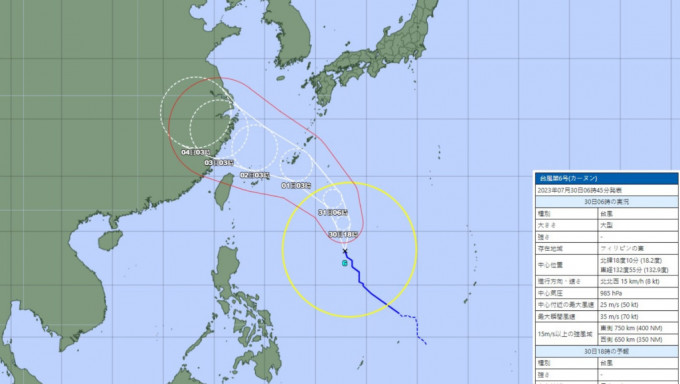 卡努正在菲律宾东部海域向西北偏北方向移动。日本气象厅