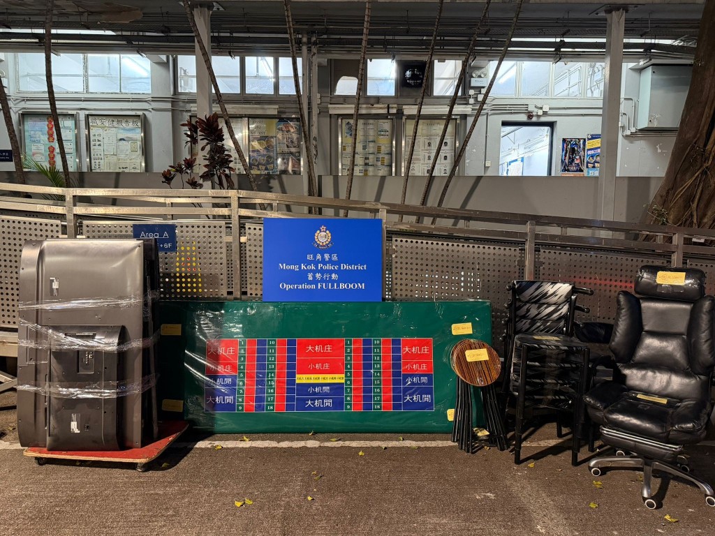 警方共檢獲一張賭桌、約1.2萬元現金、約22萬元籌碼及一批賭具。警方圖片