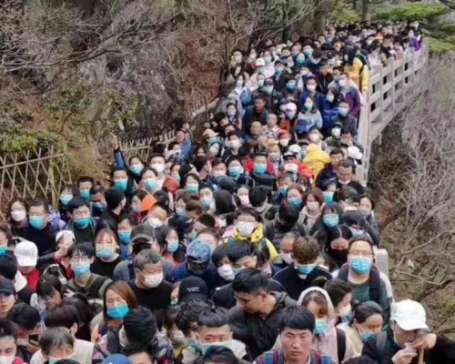 山景區內的棧道的都擠滿遊客。網圖