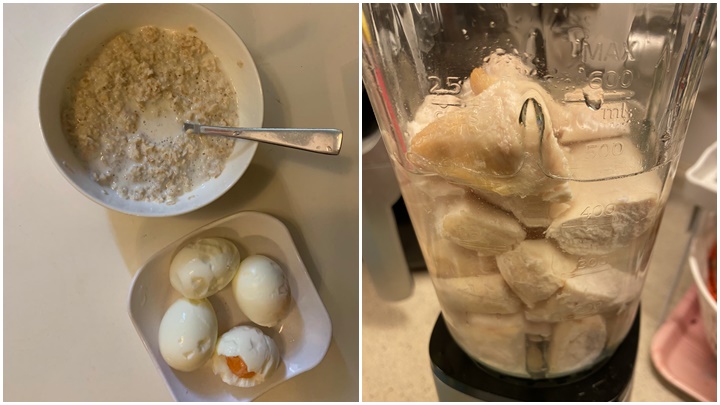 增完磅要keep住身材，振朗主要食麥皮、雞蛋同雞肉打成汁。