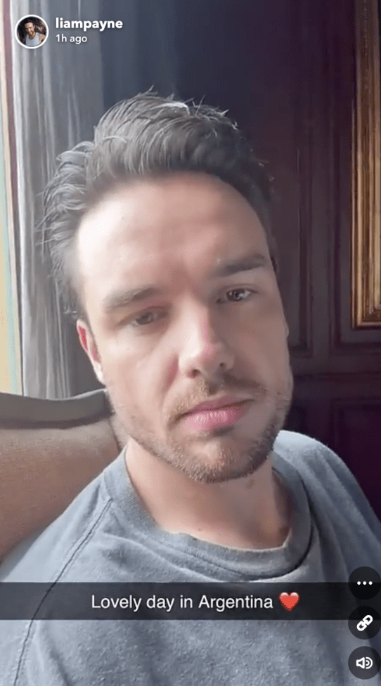 Liam Payne于事故当日在Snapchat上传自己的最新照片。