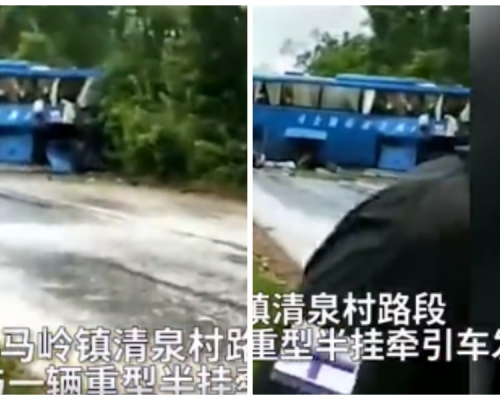 旅遊巴與拖頭均損毀嚴重。網圖