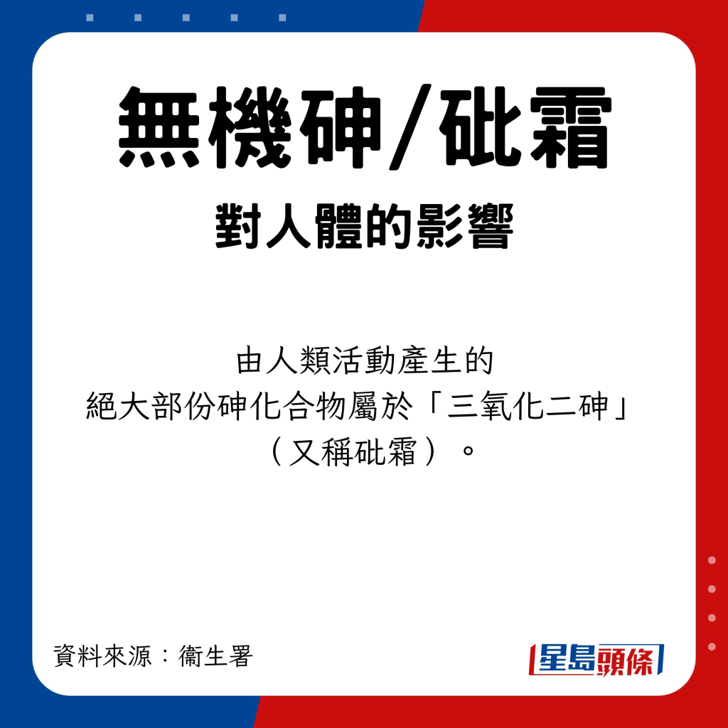 无机砷/砒霜对身体的影响 由人类活动产生的绝大部分砷化合物属于「三氧化二砷」 （又称砒霜）。