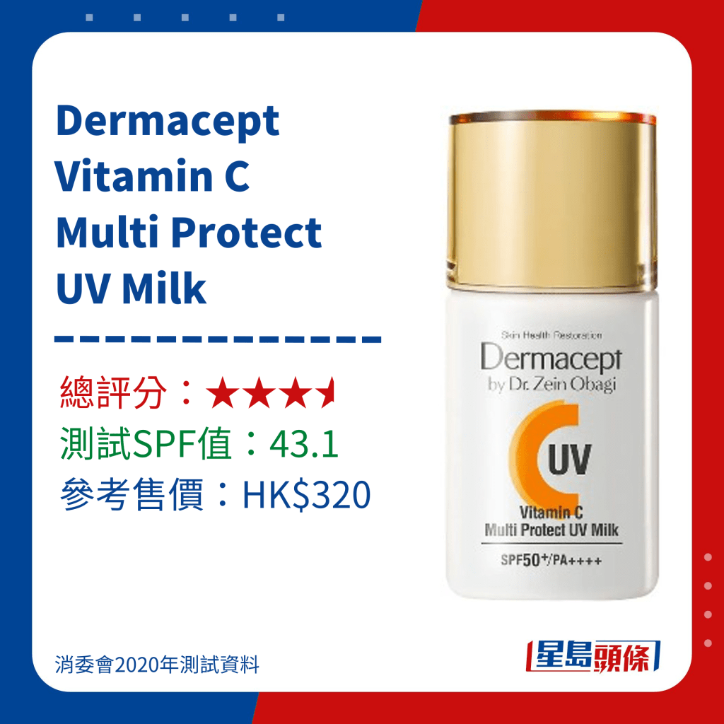 消委会防晒测试评分较低产品名单｜Dermacept Vitamin C Multi Protect UV Milk 
