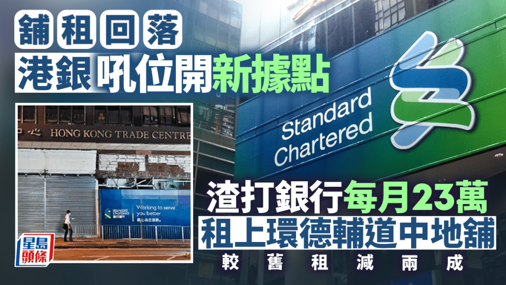舖租回落 銀行吼位開新據點 渣打銀行進駐上環德輔道中地舖 每月23萬 較舊租減兩成