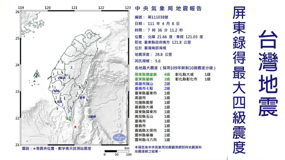 台灣南部發生5.6級地震,最大震度4級。