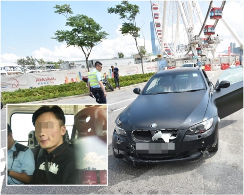 寶馬車頭損毀。小圖為被捕司機。