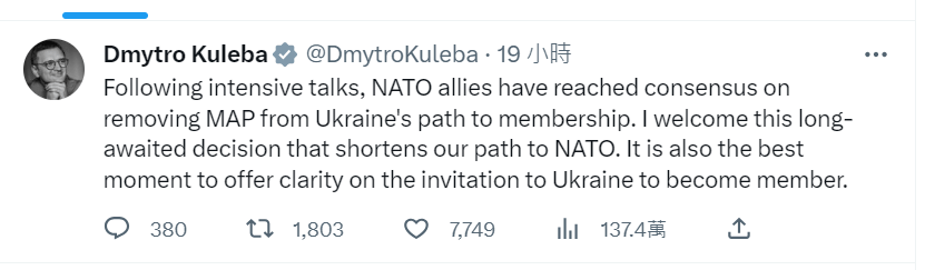 烏克蘭外交部長庫列巴twitter發文。