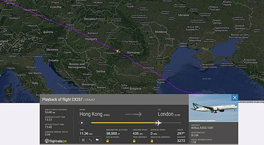 涉事航班為CX257,由香港飛往倫敦。Flightradar24.com 涉事航班為CX257,由香港飛往倫敦。Flightradar24.com