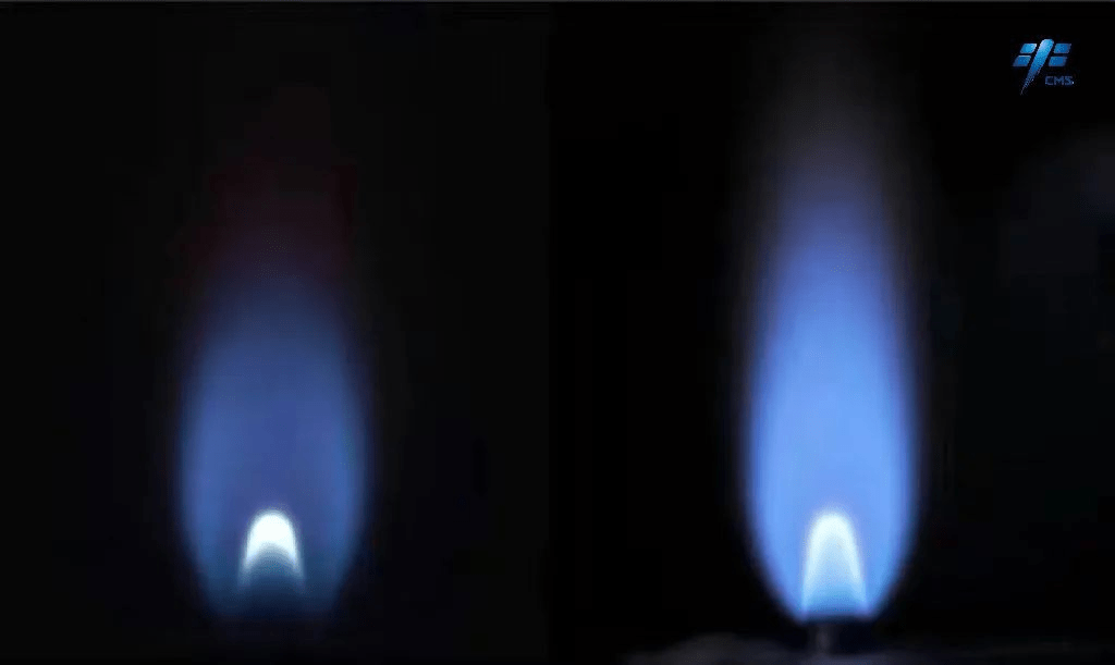 太空站上甲烷燃燒圖像（左）與地面同工況甲烷燃燒圖像（右）。