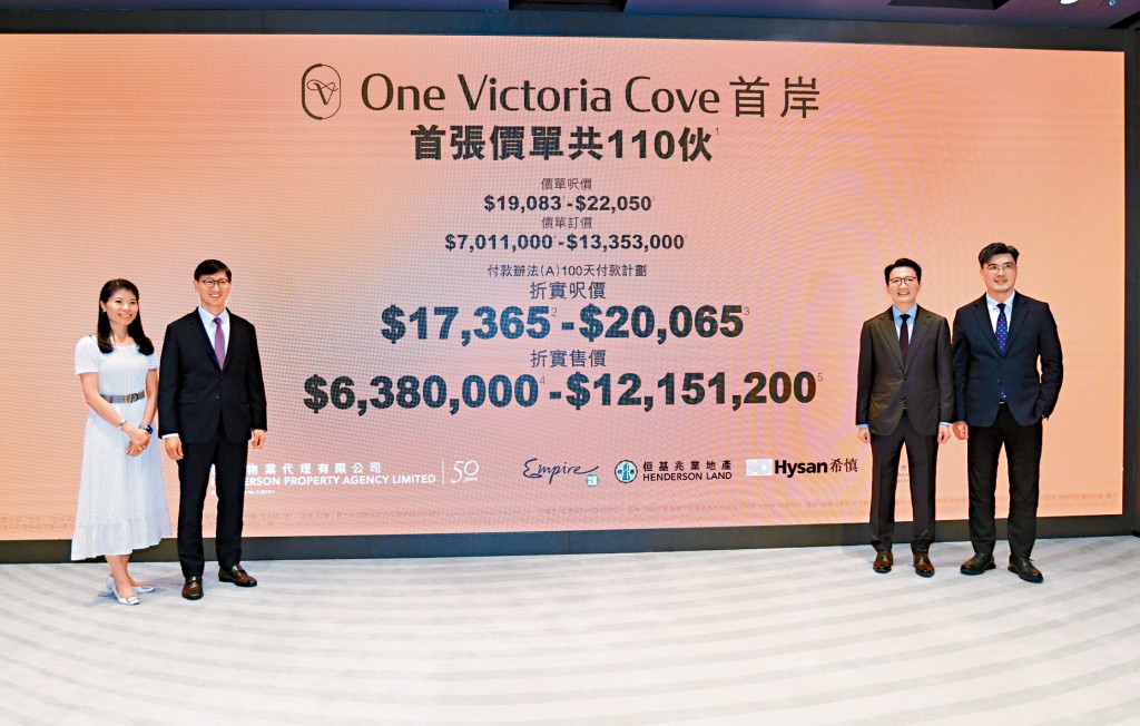 恒基韓家輝（左二）形容首岸首批定價為「愛不釋首價」。圖右一為恒基倫國新、帝國曾申翹（右二）及希慎葉慕貞（左一）。