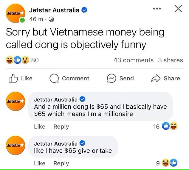 澳洲廉航Jetstar用越南貨幣開玩笑，結果要刪文道歉。