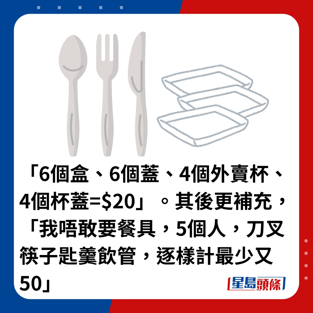 「6個盒、6個蓋、4個外賣杯、4個杯蓋=$20」。其後更補充，「我唔敢要餐具，5個人，刀叉筷子匙羹飲管，逐樣計最少又50」