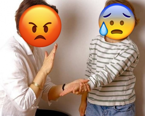 失手把兩件麵包弄到地下,母親看見後隨即掌摑兒子兩巴並斥:「都話咗你拎唔到啦」。 示意圖