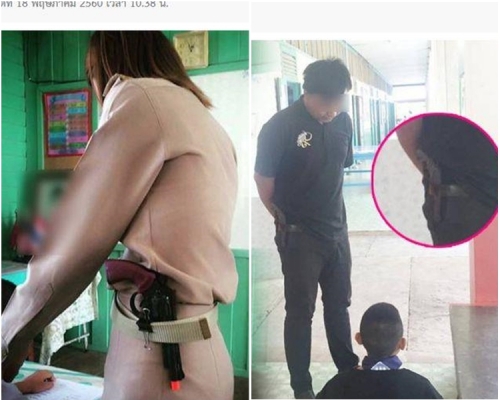 当地网民在社交网站贴相爆料，指当地多位老师在腰间别著枪在管教学生。网图