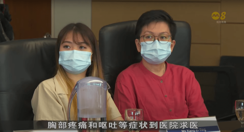 心肌炎患者江紫盈（左）及其母亲接受新加坡媒体访问，讲述患病经过。（《8视界新闻网》影片截图）