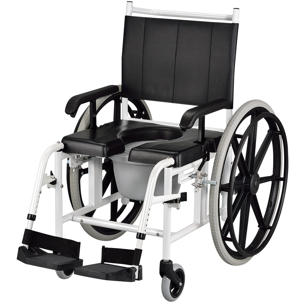 台灣 Amigo沐浴便廁型輪椅的後輪為大輪款式設計，並設有扶手，使用者可自行推動輪椅，獨特的24吋PU質料後輪胎，提升抓地能力，防滑效果更佳，扶手高度可調校，適合不用身形人士。($4,300/B)