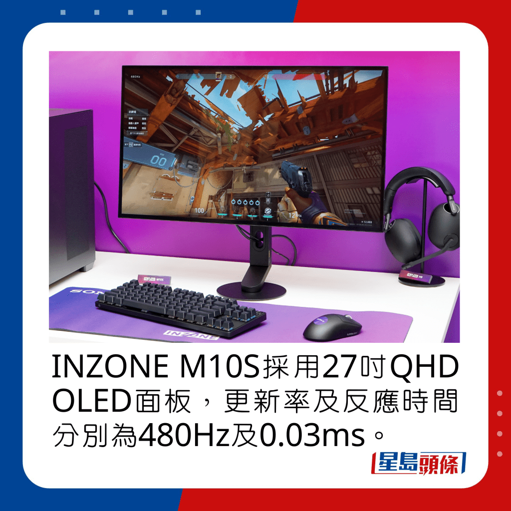 INZONE M10S采用27寸QHD OLED面板，更新率及反应时间分别为480Hz及0.03ms。