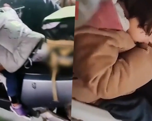 女儿累倒在电单车睡觉的影片被网民疯传。网图