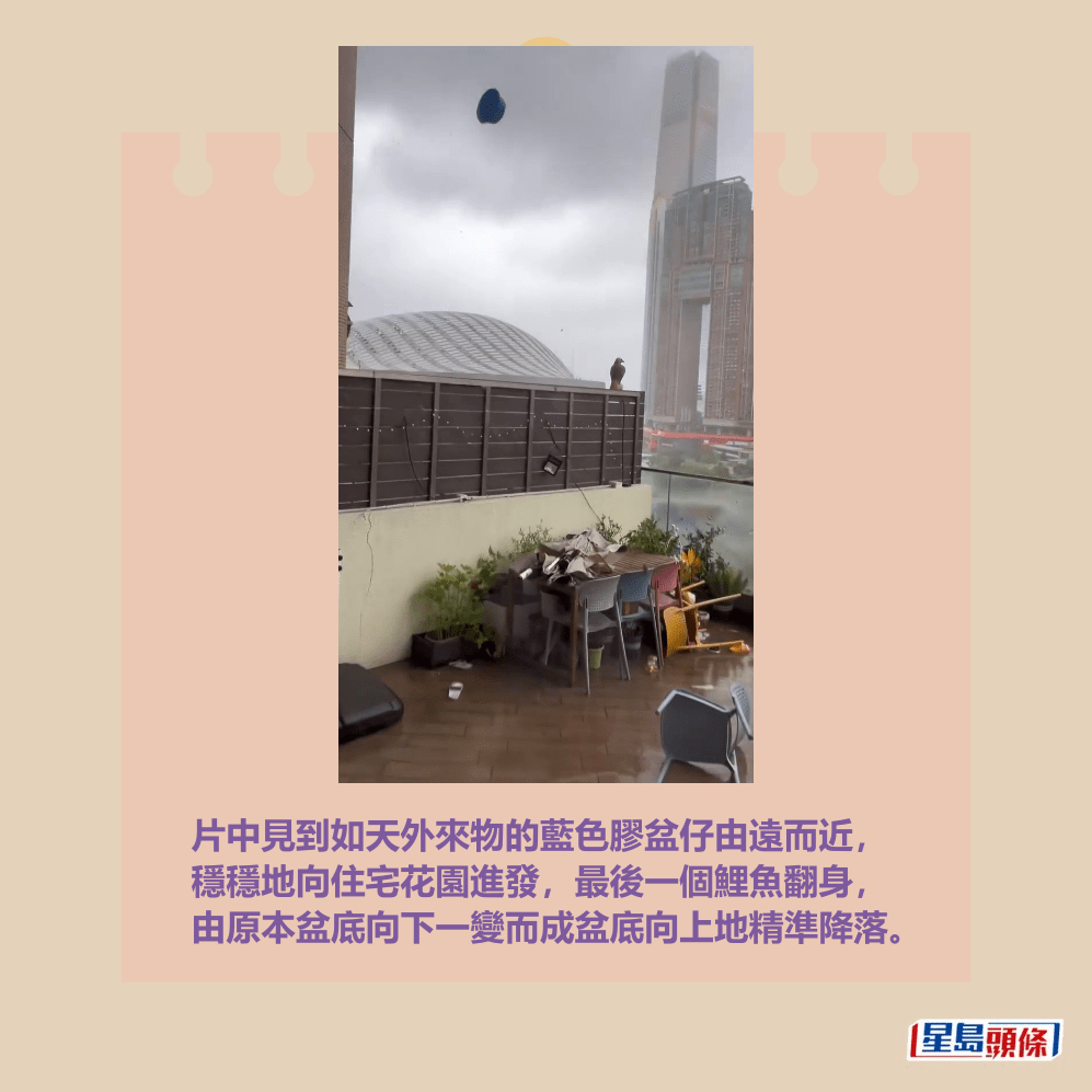 片中見到如天外來物的藍色膠盆仔由遠而近， 穩穩地向住宅花園進發，最後一個鯉魚翻身， 由原本盆底向下一變而成盆底向上地精準降落。Threads截圖