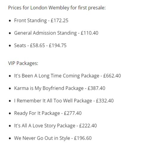 網上見到Taylor Swift的演唱會票價。