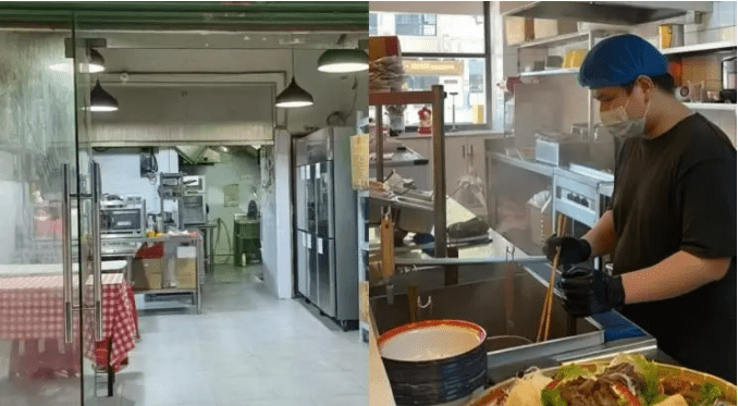 新洲某冒菜店在美團平台的店面（左）與廚房（右）。