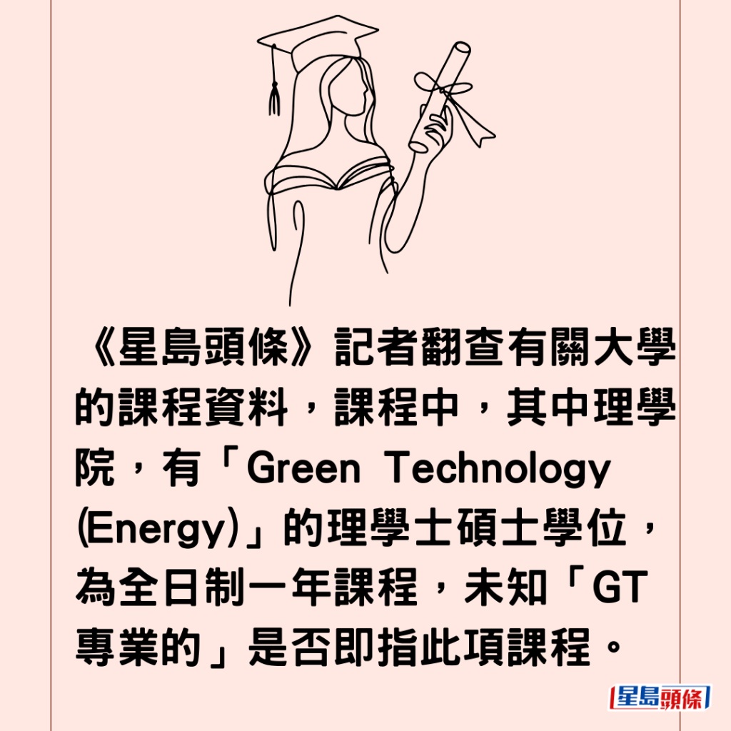 《星島頭條》記者翻查有關大學的課程資料，課程中，其中理學院，有「Green Technology (Energy)」的理學士碩士學位，為全日制一年課程，未知「GT專業的」是否即指此項課程。