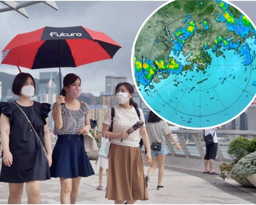 珠江口以西的雷雨區正逐漸向東移，並可能在未來一兩小時影響香港。資料圖片（小圖為天文台截圖）
