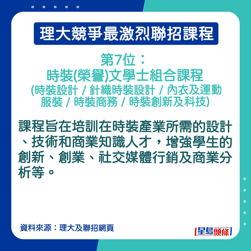 時裝(榮譽)文學士組合課程 (時裝設計 / 針織時裝設計 / 內衣及運動服裝 / 時裝商務 / 時裝創新及科技) 的課程簡介。