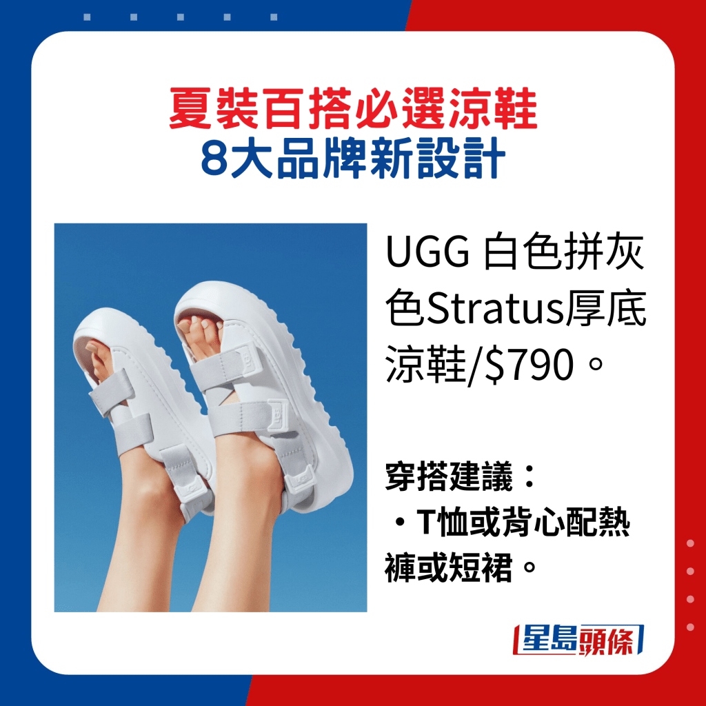 UGG 白色拼灰色Stratus厚底凉鞋/$790。穿搭建议：‧T恤或背心配热裤或短裙。