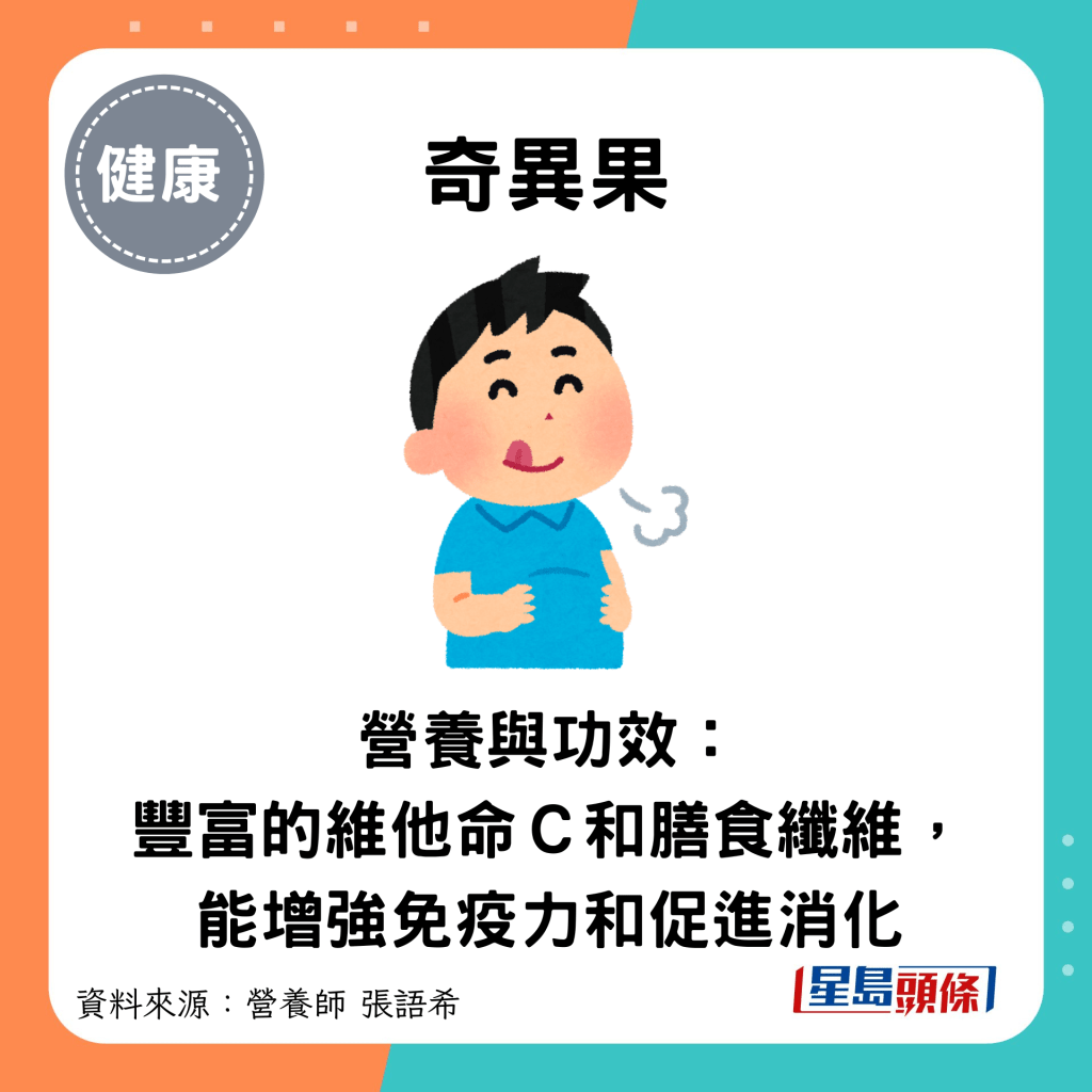 奇异果：营养与功效： 丰富的维他命Ｃ和膳食纤维，能增强免疫力和促进消化