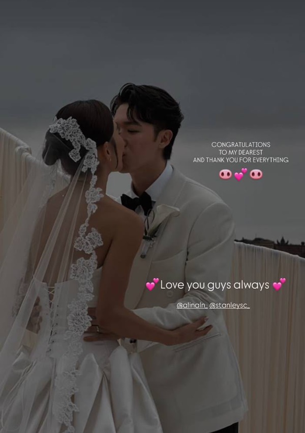 Stanley邱士縉、Alina李炘頤結婚現場照片曝光，Stanley深情親吻太太。