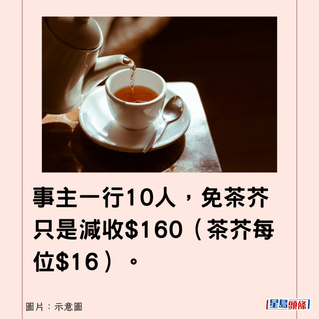 事主一行10人，免茶芥只是減收$160（茶芥每位$16）。