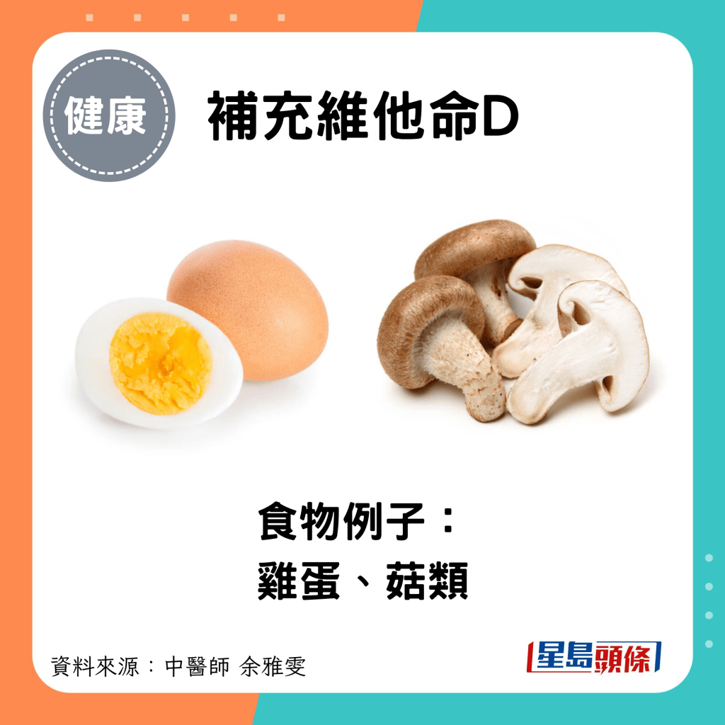 補充維他命D：食物例子： 雞蛋、菇類