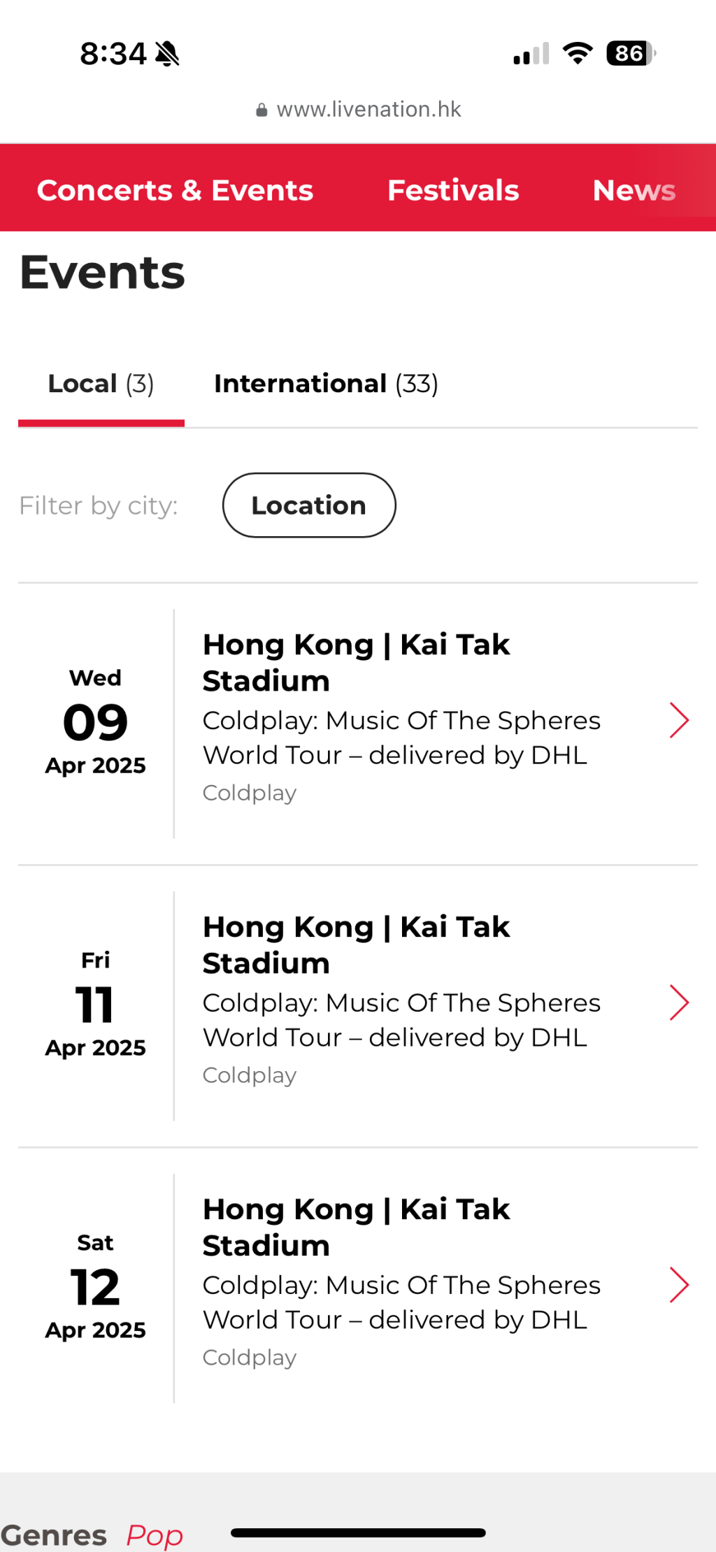 Live Nation 會員優先訂票將於周三（10月9日）上午11時至晚上11時59分發售。