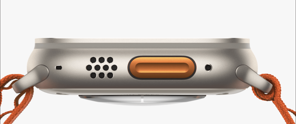 Apple Watch Ultra新增橙色的動作按鈕，表側裝有三個收音咪及兩個喇叭。